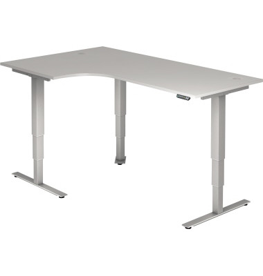 Sitz-Steh-Schreibtisch, elektrisch höhenverstellbar, 63,5-128,5cm (H), 200x120cm (BxT), L-Form, grau / silber Sitz-Steh-Schreibtisch, elektrisch höhenverstellbar, 63,5-128,5cm (H), 200x120cm (BxT), L-Form, grau / silber