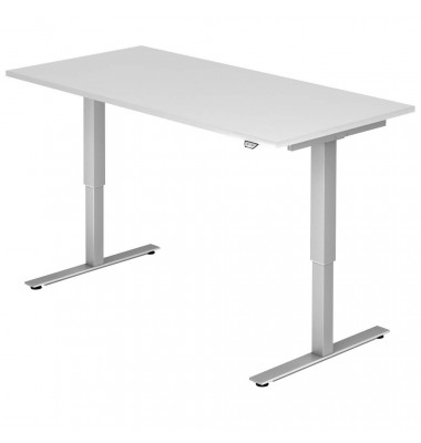 Sitz-Steh-Schreibtisch, elektrisch höhenverstellbar, 71-120cm (H), 160x80cm (BxT), rechteckig, weiß / silber