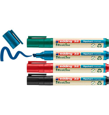 Flipchartmarker 32 Ecoline, 4-32-4, Packung, rot,blau,gr&uuml;n,schwarz, 1-5mm Keilspitze
