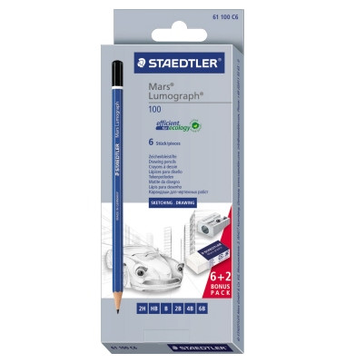 Schreibgeräteset Bleistift Set + Zugabe, 61 100 C6, 6x blau, k.A., 2H,HB,B,2B,4B,6B