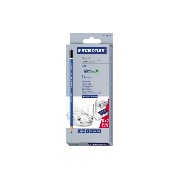 10 Stück Staedtler Schreibgeräteset Mars Lumograph, 61 100 C6, blau, 2H,HB,B,2B,4B,6B 4007817611104 Staedtler 4 Stück