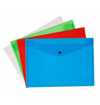 Dokumententasche KF03599, A4, transparent 3xblau/gr&uuml;n/rot/farblos, Polypropylen (PP), Druckknopfverschluss
