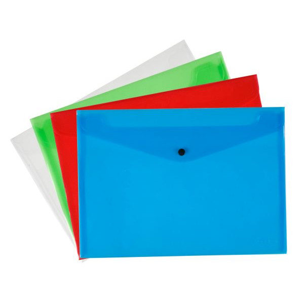 12 Stück Q-connect Dokumententasche KF03599, A4, transparent 3xblau/grün/rot/farblos, Polypropylen (PP), Druckknopfverschluss 4044581900010 Q-conne