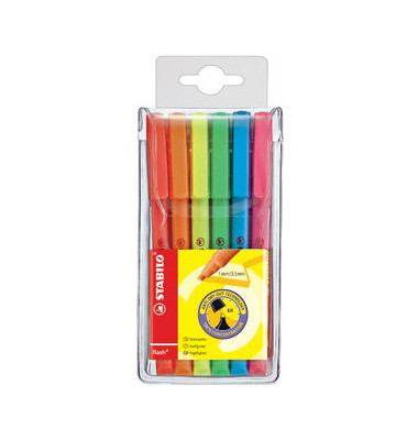 Textmarker-Set STABILO flash Etui, 555/6, Set, 6-farbig sortiert, 1-3,5mm Keilspitze