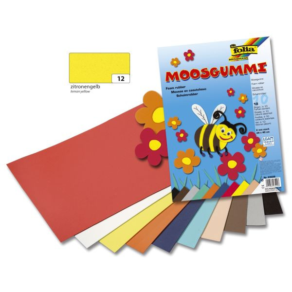 10 Stück Folia Bastelmoosgummi 20x29cm 2mm stark zitronengelb 231012 4001868231120 Folia
