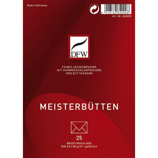 4016182842006 - Briefumschlag Meisterbütten 840200 C6 ohne Fenster nassklebend 80g weiß 4016182842006 25 Stück 4016182842006 - Briefumschlag Meisterbütten 840200 C6 ohne Fenster nassklebend 80g weiß 4016182842006 25 Stück