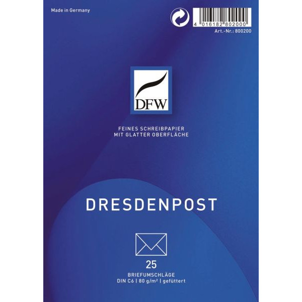 4016182802000 - Briefumschlag Dresdenpost 800200 C6 ohne Fenster nassklebend 80g weiß 4016182802000 25 Stück 4016182802000 - Briefumschlag Dresdenpost 800200 C6 ohne Fenster nassklebend 80g weiß 4016182802000 25 Stück