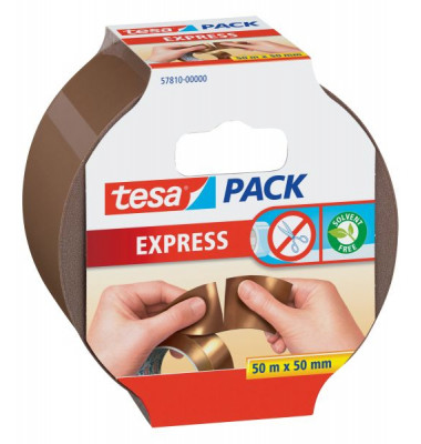 Packband Tesapack Express 57810-00000-01, 50mm x 50m, PP, handabreißbar, leise abrollbar, braun