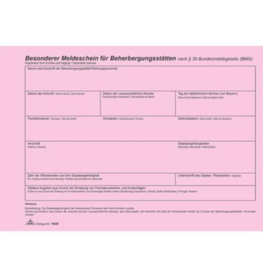 Meldeschein für Beherbergungsstätten 1649 für alle Bundesländer A5-quer rot 100 Blatt