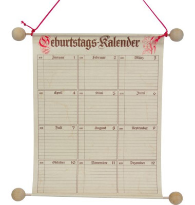 Geburtstagskalender 2886, 12 Monate / 1 Seite, 25x32cm, Geburtstagskalender auf Holzstifte mit Holzkugeln aufgezogen, 1 Blatt /J