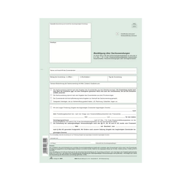 10 Stück RNK Bestätigung über Sachzuwendungen 2869 A4 selbstdurchschreibend 1x 2 Blatt