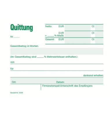 Quittungsblock 3029 A6-quer mit MwSt 50 Blatt