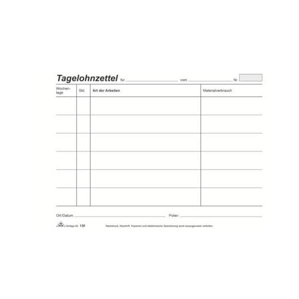 5 Stück RNK Tagelohnzettel 120, A5 quer, 100 Blatt 4002871012003 RNK