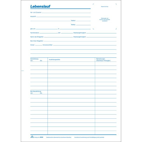 100 x RNK Verlag Lebenslauf für Erwachsene 2 Seiten DIN A4.