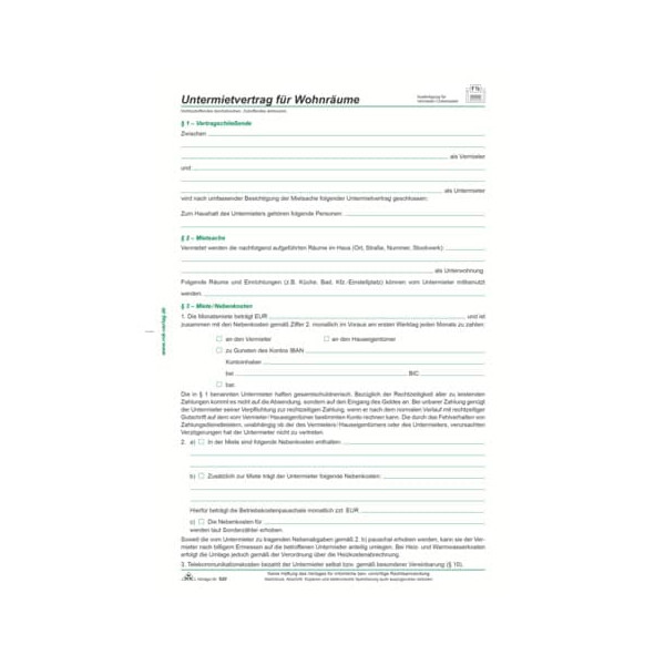 4002871052016 - Untermietvertrag für Wohnräume 4 Seiten A4 VE=10 Stück