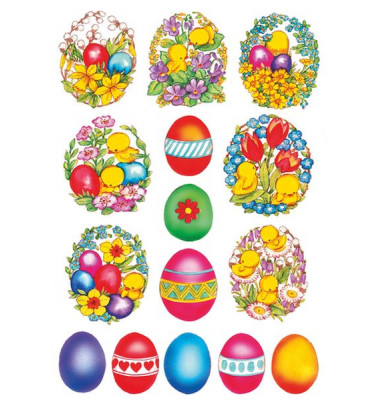 3689 Decorsticker Ostern Schmucketikett Eier+Küken+Blum