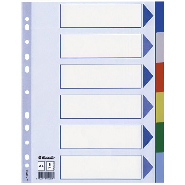 Esselte Kunststoffregister 15260, 6-teilig blanko, A4, 120µm, farbige Taben, 6-teilig 5902812152609 Esselte