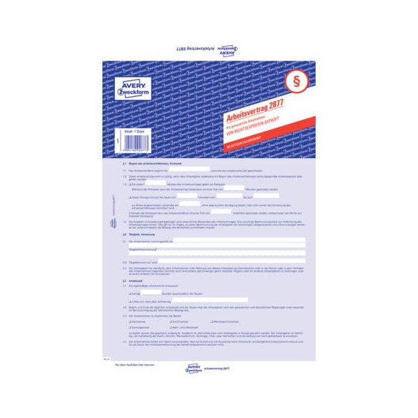 5 Stück AVERY Zweckform 2877 SD 2seitig Arbeitsvertrag A4 gewerbl. 4004182028773 AVERY Zweckform