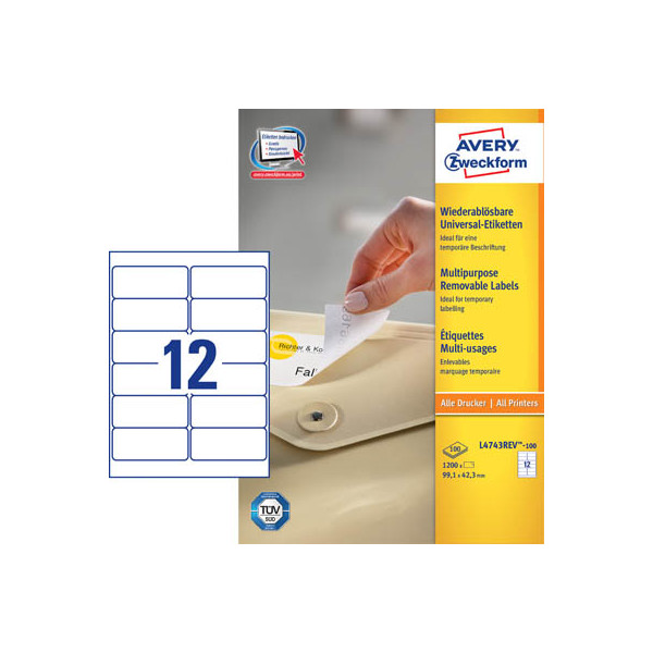 4004182433317 - AVERY Zweckform L4743REV-100 Ablösbare Universaletiketten DIN A4 Weiß 991 x 423 mm 100 Blatt à 12 Etiketten