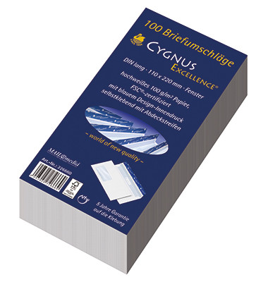 Briefumschläge Cygnus Excellence 30002393 Din Lang mit Fenster haftklebend 100g weiß 