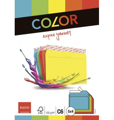 Designbriefumschläge Color C6 ohne Fenster haftklebend 100g 5-farbig sortiert