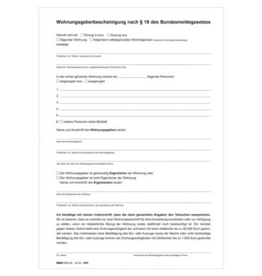 Wohnungsgeberbescheinigung nach § 19 BMG 1665 A4 2 Seiten