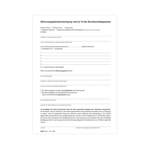 10 Stück RNK Wohnungsgeberbescheinigung nach § 19 BMG 1665 A4 2 Seiten 4002871016650 RNK