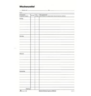 Wochenlohnzettel 165 A4 Montag-Sonntag 100 Blatt