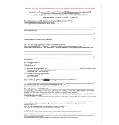 Langzeit-Lieferantenerklärung Präferenzursprungseigenschaft 2276 A4 2 Seiten