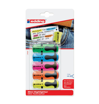 Textmarker-Set mini highlighter, 4751999, Set, sortiert: gelb/orange/rosa/hellblau und hellgr&uuml;n, 1-3mm Keilspitze