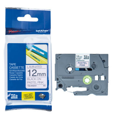 P-touch Schriftband TZe-MQE31 12mm x 4m schwarz/pastellrosa laminiert selbstklebend