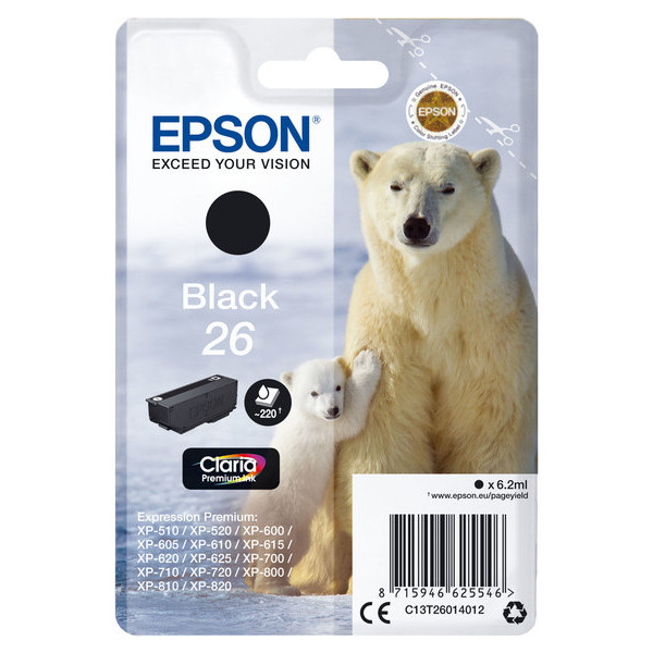 Epson Original Eisbär Claria 26 Einzel-Tintenpatrone Schwarz – 1 x 6,2 ml – Original Epson Tintenpatronen für optimale Druckergebnisse