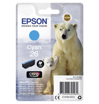 Druckerpatrone 26 / T2612 C13T26124012 (kompatibel zu Epson 26), cyan, ca. 300 Seiten