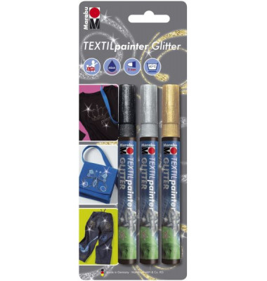 Stoffmalstift Glitter 01190 000 00080, gold, silber, schwarz, 3 mm, 3er-Set