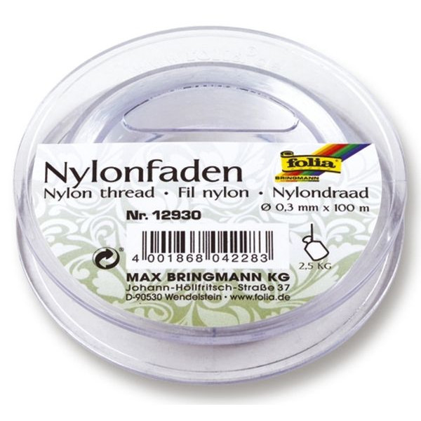 folia 12930 - Nylonfaden auf Spule, ca. 0,3 mm x 100 m, Transparent, Tragkraft 2,5 kg, kaum sichtbarer Faden für Mobiles, Schmuck, zur Dekoration usw.