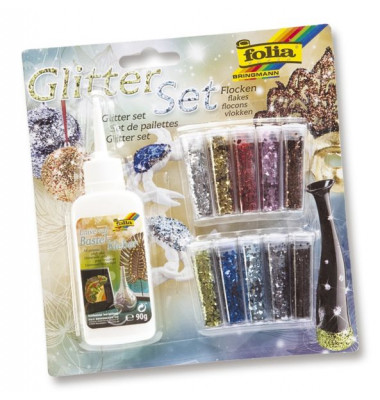 589  +1Deko-Kleber 90g Glitterset Flocken 10Ds sort.