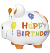 Spardose Schwein (mittel) 101199 , "Luftballon/Schriftzug HAPPY BIRTHDAY"