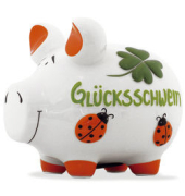 Spardose Schwein (mittel) 101469 , "Gl&uuml;cksmotive/Schriftzug Gl&uuml;cksschwein"