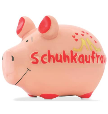 Spardose Schwein (klein) 100854 , "Schuhe/Herzen/Schriftzug Schuhkaufrausch"