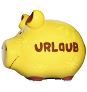 Spardose Schwein (klein) 100472 , "Sonnen/Schriftzug Urlaub"