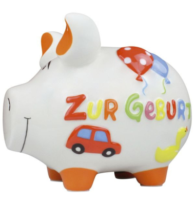 Spardose Schwein (klein) 100867 , "Ballon/Auto/Ente/Schriftzug Zur Geburt"