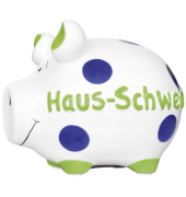 Spardose Schwein (klein) 100481 , "blaue Punktr/Schriftzug Haus-Schwein"