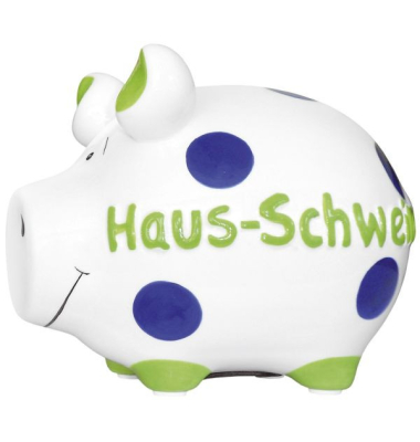 Spardose Schwein (klein) 100481 , "blaue Punktr/Schriftzug Haus-Schwein"