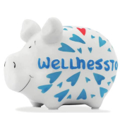Spardose Schwein (klein) 100857 , "Herzen/Schriftzug Wellnesstag"
