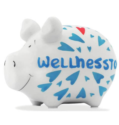 Spardose Schwein (klein) 100857 , "Herzen/Schriftzug Wellnesstag"