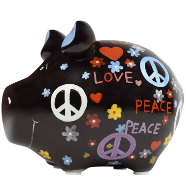 Spardose Schwein (klein) 101519 , "Peacezeichen/Herzen/Bl&uuml;ten/Schriftzug Love and Peace"