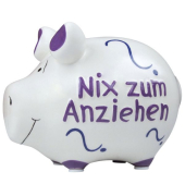 Spardose Schwein (klein) 101485 , "Fragezeichen/Schriftzug nix zum anziehen"