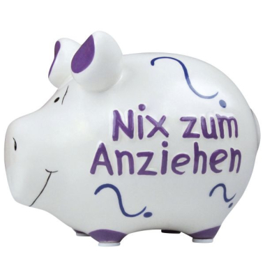 Spardose Schwein (klein) 101485 , "Fragezeichen/Schriftzug nix zum anziehen"