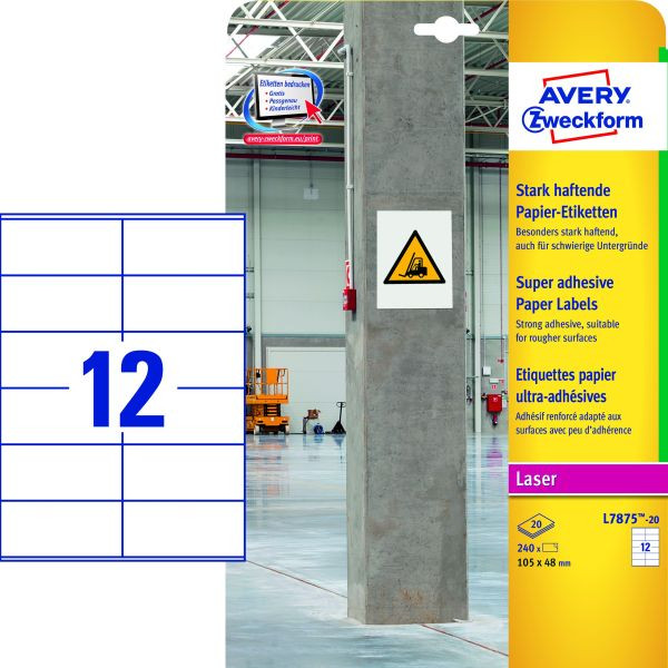 4004182070079 - Etiketten L7875-20 stark haftend geeignet für Inkjet-& Laserdrucker 105 x 48 mm 240 Stück 20 A4-Bogen 100 % FSC®-Papier weiß