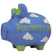 Spardose Schwein (mittel) 101214 , "wei&szlig;e Wolken/Schriftzug Traumerf&uuml;ller"